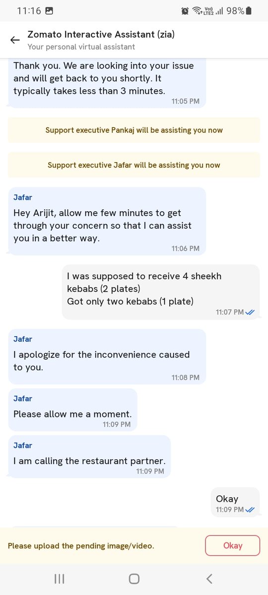 AuroBanAri's tweet photo. @zomato @zomatocare @jagograhakjago @BandBajaateRaho 
#Zomato has stooped new low. Item is not delivered, but Zomato #CustomerService executive Jaffar is asking me to let go of this incident because he is unable to contact the restaurant partner. Screenshots attached. https://t.co/6Lx0TccLgW