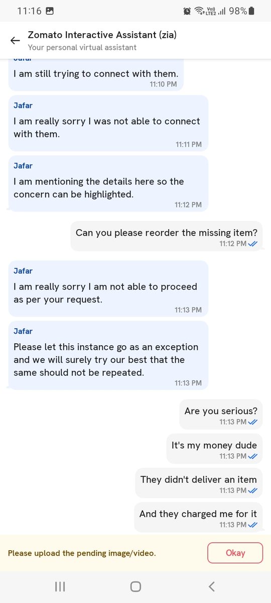 AuroBanAri's tweet photo. @zomato @zomatocare @jagograhakjago @BandBajaateRaho 
#Zomato has stooped new low. Item is not delivered, but Zomato #CustomerService executive Jaffar is asking me to let go of this incident because he is unable to contact the restaurant partner. Screenshots attached. https://t.co/6Lx0TccLgW