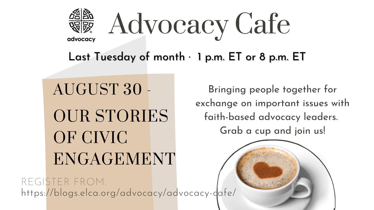 ELCAadvocacy's tweet photo. See one another &amp; share stories as people of faith in our communities at #ELCAadvocacycafe. In Lutheran teaching a way God works to preserve creation &amp; build a more peaceful &amp; just world is through government. Let’s have positive impact! https://t.co/ikgCjpqHEG #ELCAvotes https://t.co/bqzIK98L6r