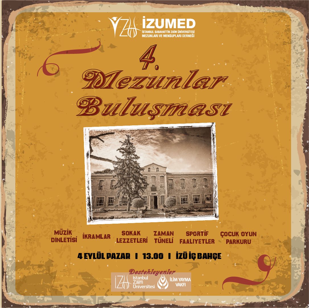 4 Eylül Pazar günü İZÜ’nün harikulade atmosferinde anıları yâd edip hasret gidermek ve çeşitli etkinliklerle birlikte siz değerli mezunlarımızı ağırlamak üzere kampüsümüze bekliyoruz!