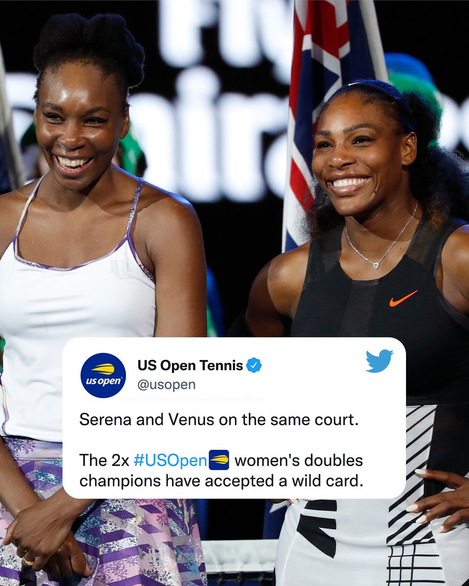 espn's tweet photo. Reunited and it feels so good ❤️

This will be the first time Serena and Venus Williams have played at a major together since the French Open in 2018. #ThatsaW https://t.co/Di8Isk3V0Y