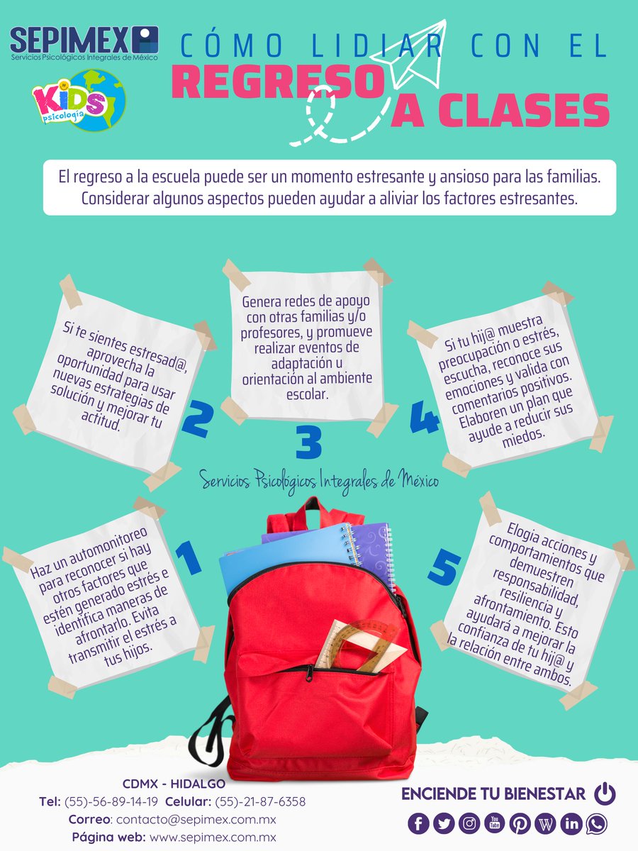 SEPIMEX's tweet photo. ¿Estás list@ para el regreso a clases?

El regreso a la escuela puede ser un momento estresante y ansioso para las familias. Considerar algunos aspectos pueden ayudar a aliviar los factores estresantes. https://t.co/hgTtlsz0NQ