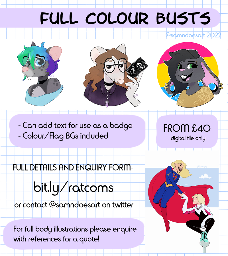 ✨ OPEN FOR COMMISSIONS! ✨

I'm doing sketches and icons/badges but I'm opening quotes for full portraits.

I'll draw furries, DnD characters, OCs, your blorbos kissing... pretty much anything just ask! My DMs are open 💌

More information in the 🧵👇
#commissionsopen 