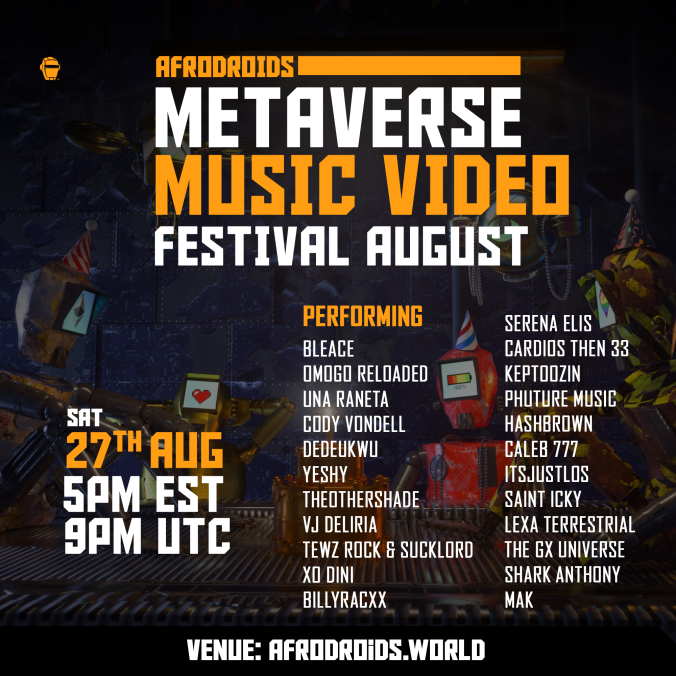 AfroDroids's tweet photo. Droid Fam 🤖💙 Today we celebrate our 1 year anniversary at 9PM UTC in @cryptovoxels for our #Metaverse Music Video Festival 📽️ Thank you to all the artists involved & to our community! See u there ☑️ Sign our guestbook to be entered to win a wearable too: https://t.co/flOIRFNeMj https://t.co/Jp5BtQX6wZ