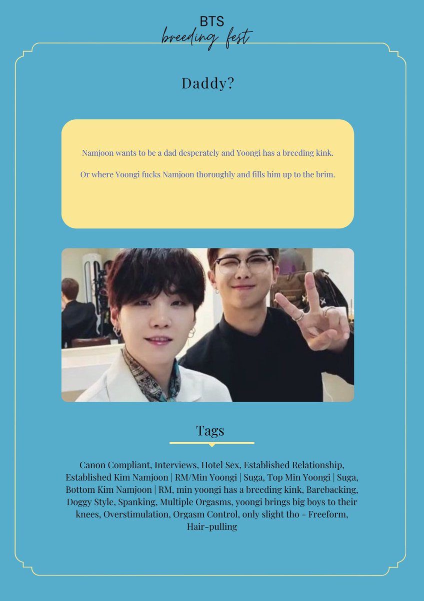 "Daddy"

🎙️NamGi
🎙️1.5k
🎙️complete
🎙️canon compliant, interview, hote s e x, established relationship, all human, breeding kink, doggy style, spanking, overstimulation, orgrasm control, hair-pulling

🔗archiveofourown.org/works/41138169