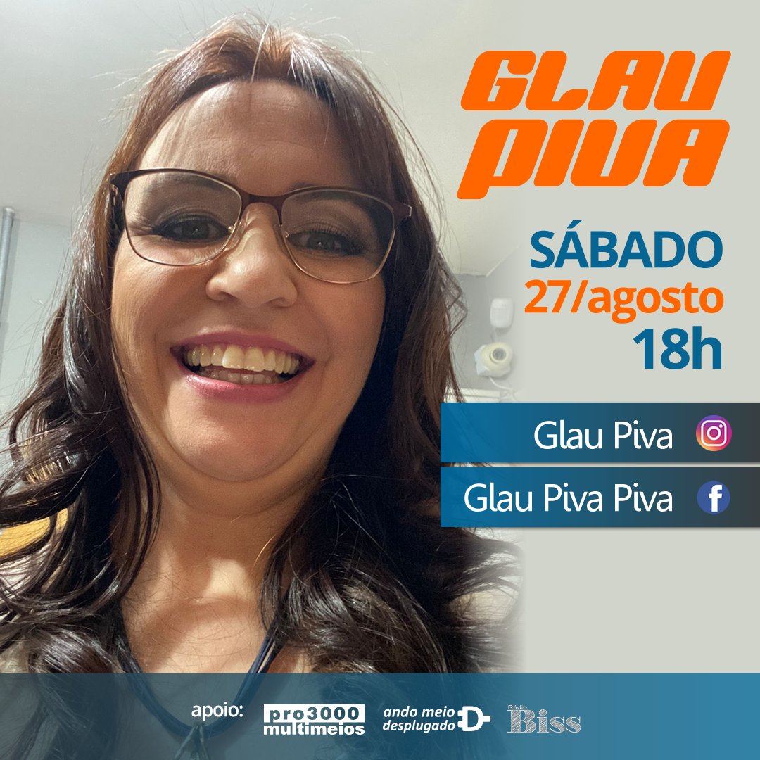 pro3000brasil's tweet image. #Hoje (27/agosto) às 18h, temos mais uma a live de final de mês com a cantora e compositora Glau Piva.
Instagram: instagram.com/glaupiva
Facebook: facebook.com/glau.piva
Apoio:
Pro3000 Multimeios
Ando Meio Desplugado
Rádio Biss
#apoiocultural #parceria #sabado #divulgacao #live