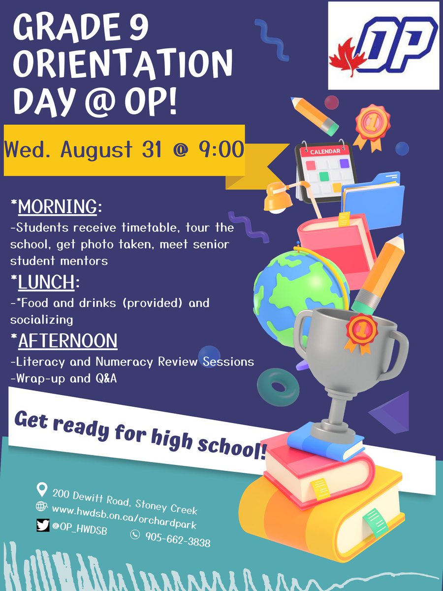 andrea_lewie's tweet image. We&apos;re excited to welcome our new Patriots on Wed. Aug. 31st from 9:00 to 2:00! Parents and Gr 9 students, check email for more info! @OP_HWDSB