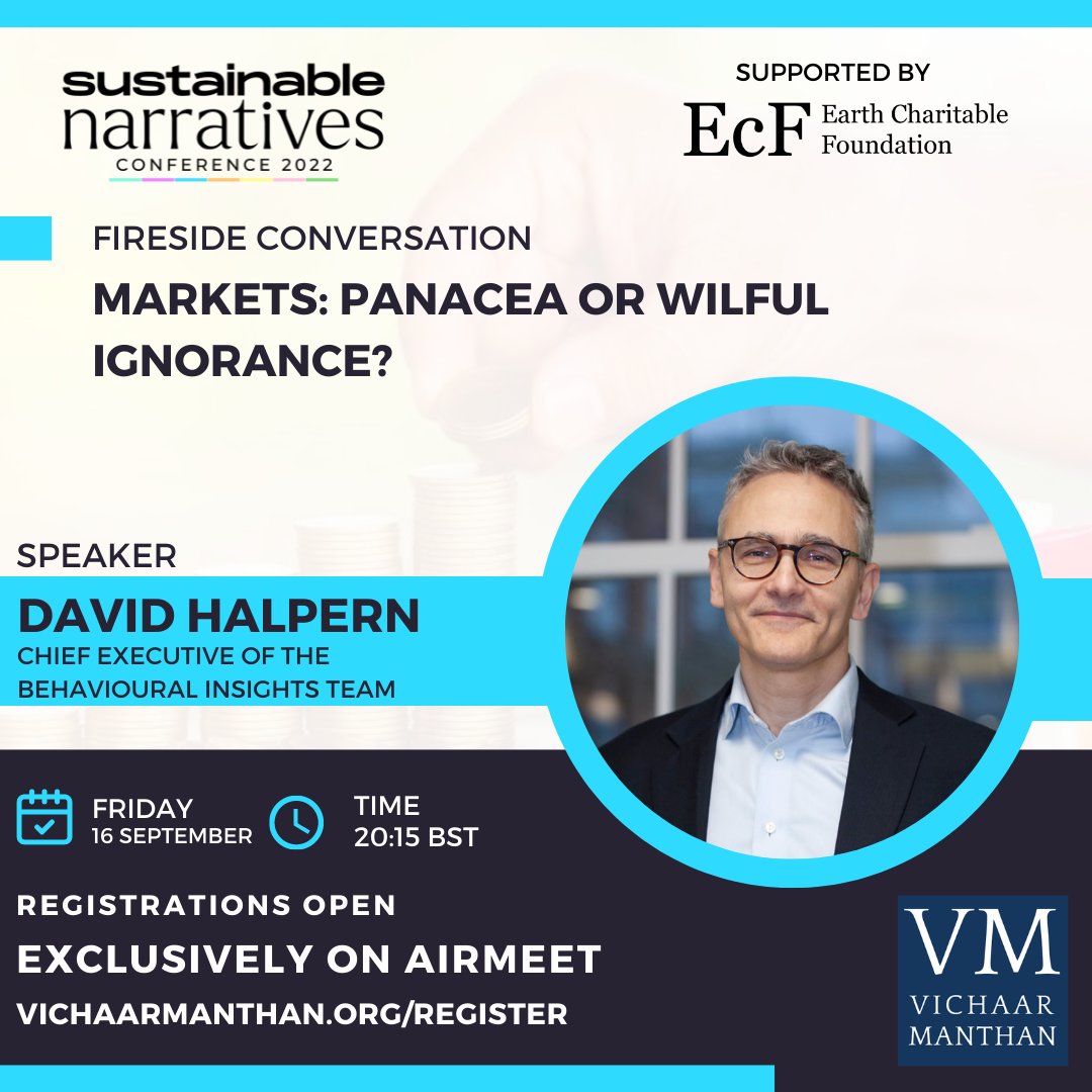 Vichaar_Manthan's tweet photo. Welcome to @DavidHalpernCEO, Chief Executive of the Behavioural Insights Team, who joins us for a Fireside conversation at #VMSN2022 on '#Markets: panacea or wilful ignorance?'
Register now to hear David discuss this topic at #VMSN: https://t.co/4lv9AEaW2r https://t.co/xLZQ6ZJaw2
