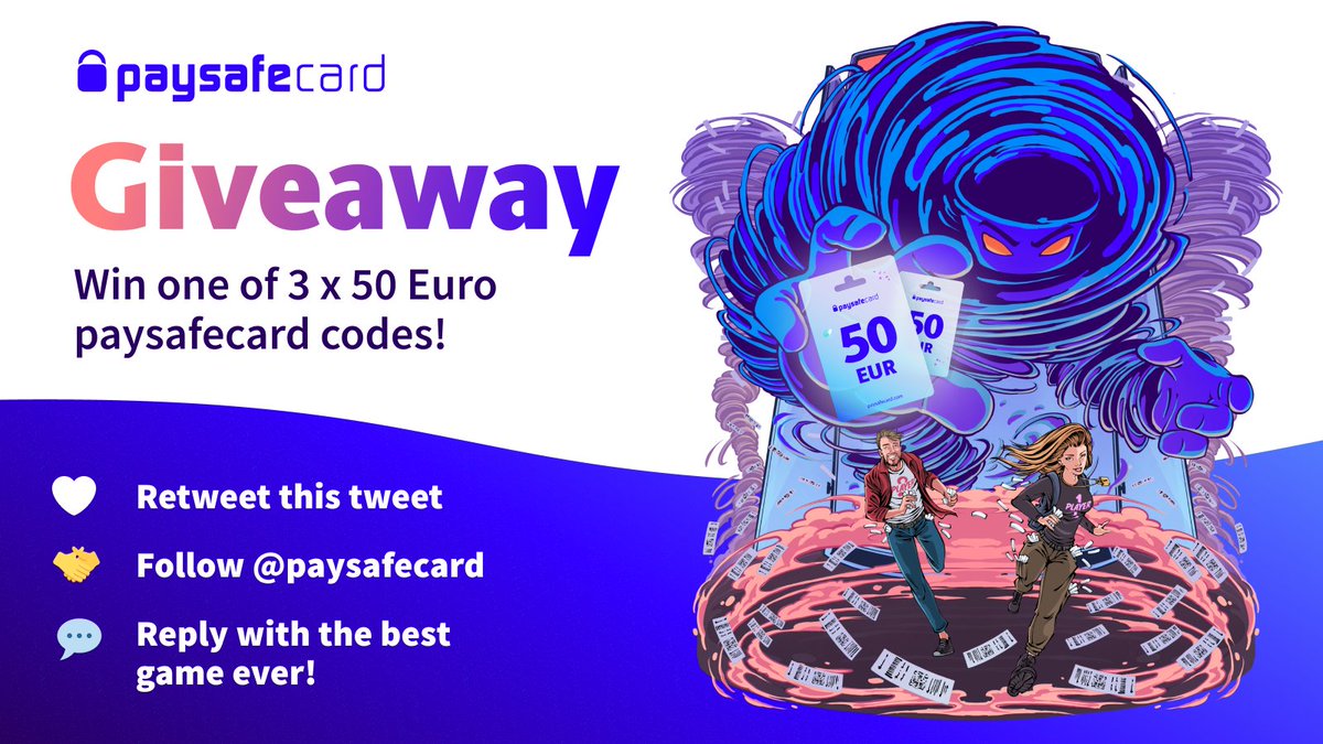 Can't play the #paysafecard WhirlWIN! at Gamescom? Well, you can win one of 3 x 50 Euro* paysafecard codes right here! 🌪

🔄 Retweet this tweet
💬 Reply with the best game ever!
💞 Follow <a href="/paysafecard/">paysafecard</a> 

(*or equal amount in the currency of your country)

#giveaway #raffle #win