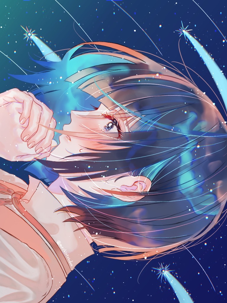 1girl solo short hair own hands together star (sky) blue eyes tears  illustration images