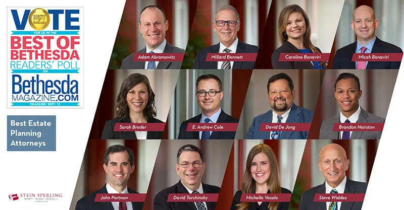 SteinSperling's tweet photo. Voting is open for Best Estate Planning Attorney in Bethesda Magazine &amp; Bethesda Beat ’s “Best of Bethesda” Reader’s Poll. Don’t forget to vote for Stein Sperling’s team! https://t.co/7H1fuu4x3S https://t.co/aXw9yivTVN