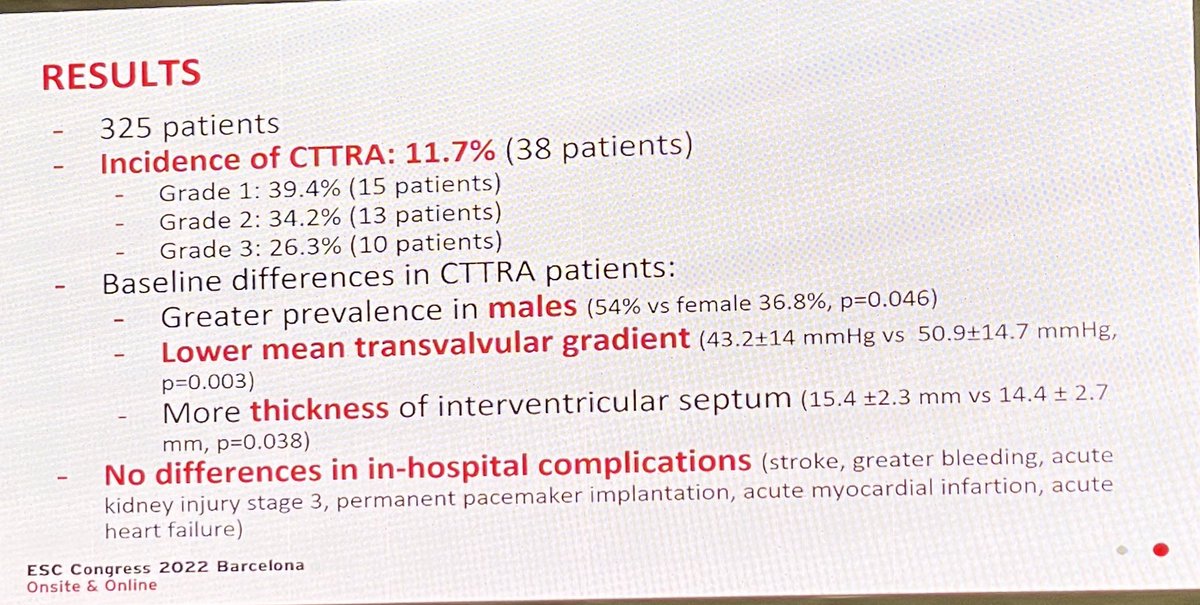 guilbon's tweet photo. Incidence of 11.7% of Severe Aortic Stenosis undergoing TAVI may have CTTRA Amyloid. 
Lower mean gradient. 
No greater number of in-hospital complications. 
No differences in prognosis in patients with or without CTTRA. #ESCCongress  #ESCAbstract https://t.co/ihxL2xkaTq