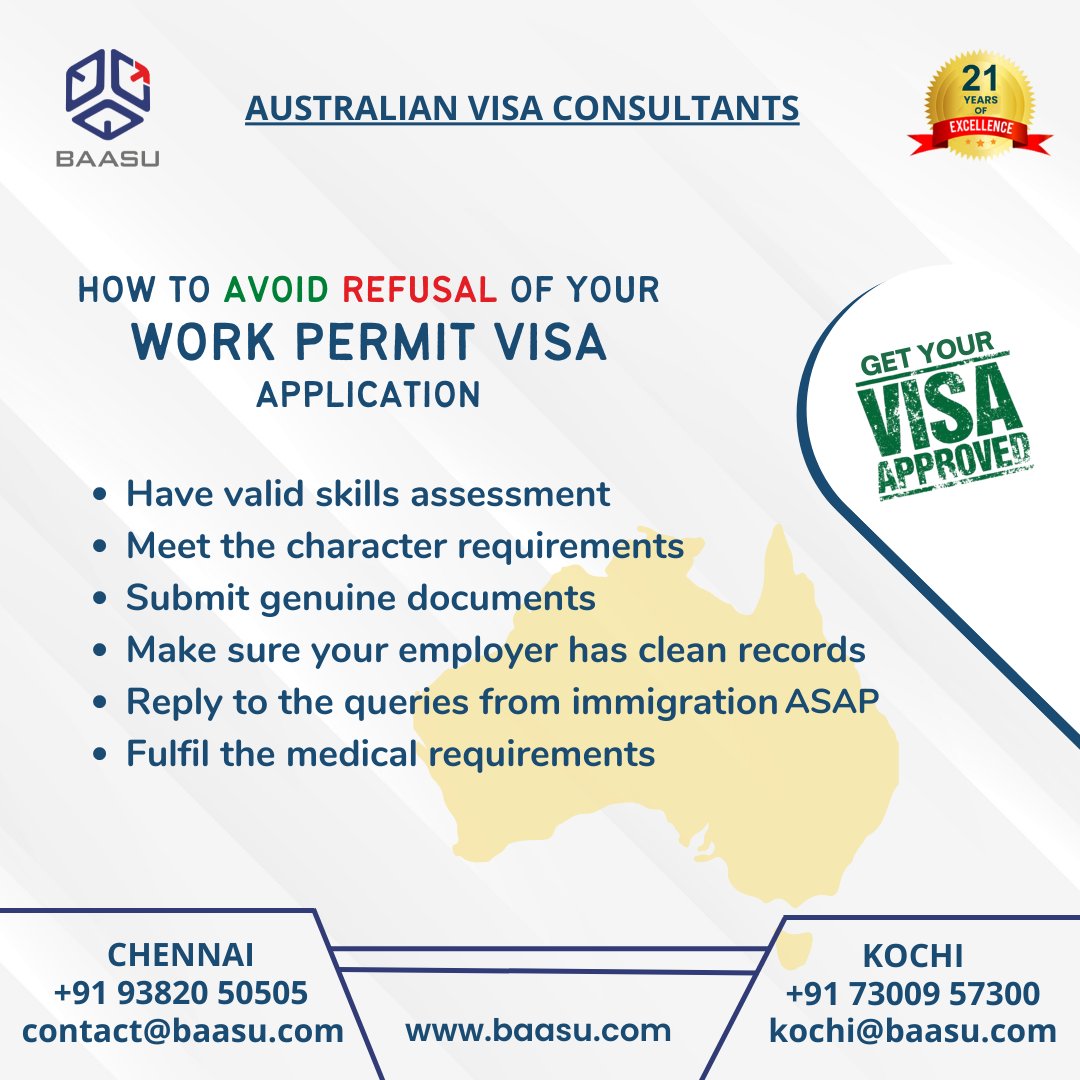 BaasuConsultant's tweet photo. Many 482 subclass work visas are getting refused most of the time of no fault of the candidate. However, you can improve the possibility of getting a positive response by following these tips.
#workpermit #workpermitvisa #australianvisa
#australia #visarejected #visaapproved https://t.co/lP5COttKiv