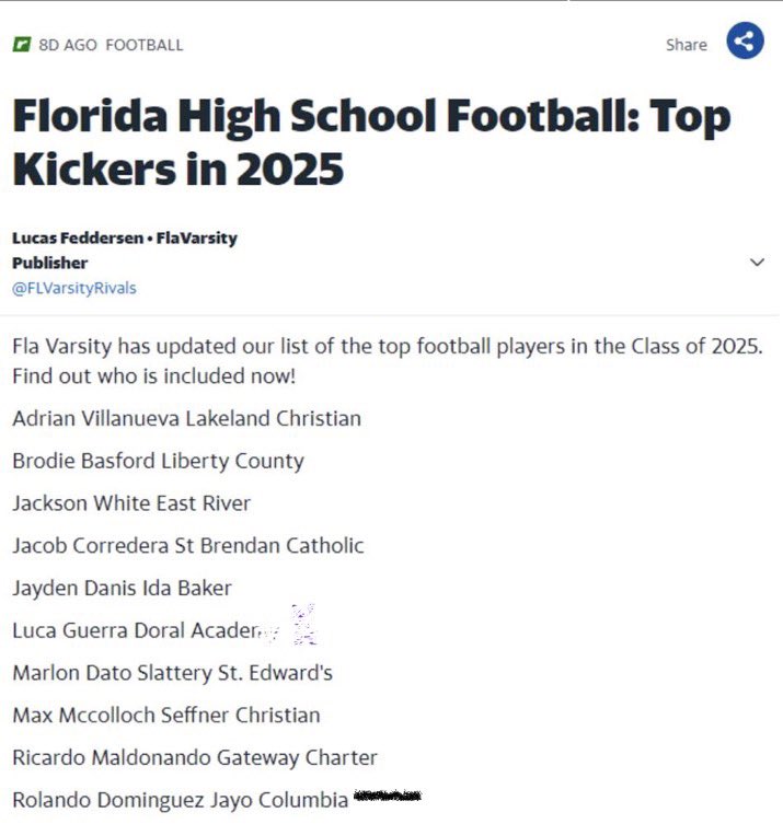 Rolando_d_jayo's tweet photo. Blessed to be named one of the top kickers in FL🙏🏽@DJack1027 @WoodleyJrJohn @CHSTIGERS_FB @4thDownU https://t.co/kMSVeq4oHK