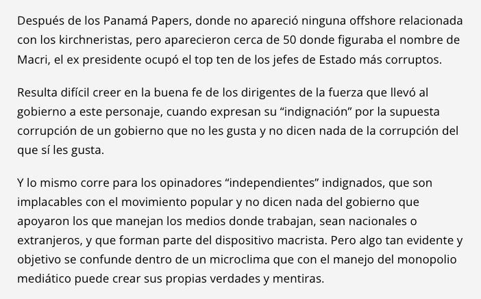 Hoy en <a href="/pagina12/">Página|12</a>. Imperdible análisis de Luis Bruschtein. Me gustó particularmente el subtítulo “Macri, el millonario de los negocios con el Estado”, que explica en muy pocas palabras el cinismo de los que atacan al peronismo y el rol del partido judicial para encubrirlos.