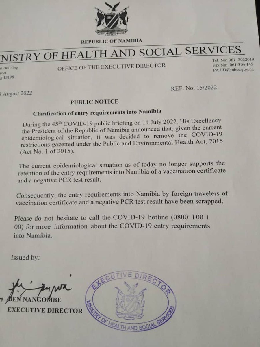Tourism_Board's tweet photo. 🚨PUBLIC NOTICE🚨
The #Namibian Government has scrapped all COVID related entry requirements into Namibia. A negative PCR test or vaccination certificate will not longer be required to enter #Namibia.
#visitNamibia #NamibiaNow #sharemynamibia https://t.co/Rgx0shbyqd