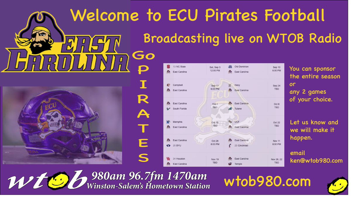 WTOB980goodguy's tweet photo. Are you ready for Pirate Football. So is WTOB Radio.
Sponsor the season or any two games of your choice.
Contact WTOB to get started against the Wolfpack this coming weekend.
#ecu #Localsports #WSNC #GSONC #HPNC @JuggHeadsBeer @BubbaRosenbaum @ECUPiratesFB https://t.co/sSuo8OdVTu