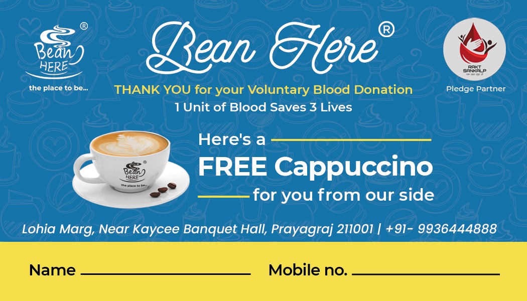 RaktSankalp's tweet photo. We are extremely grateful to Bean Here, #Prayagraj for being our permanent corporate partner and offering #freecappuccino to all our rakt soldiers! ☕
#raktsankalp #raktsoldiers #corporate #partnership #beanhere #Freebies #Rewards #ThankYou #Grateful #Blood https://t.co/XiUoJwEijh