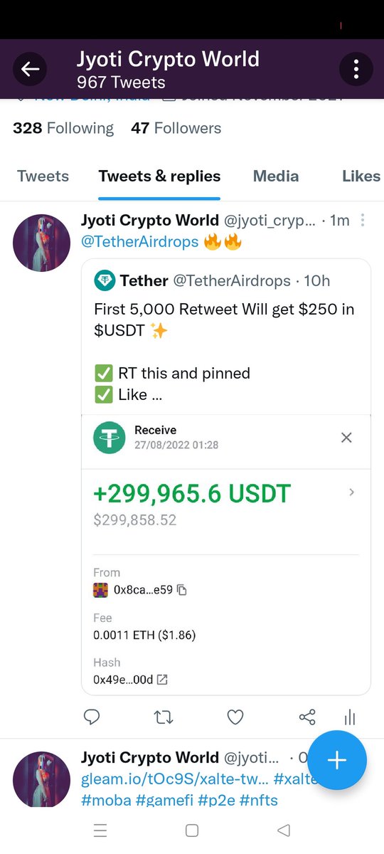 jyoti_crypto's tweet photo. @TetherAirdrops 0x25c95e0E99B3Ea4D5d4E8C664da7F4a4EC4373B9 https://t.co/22rDkzYQGm