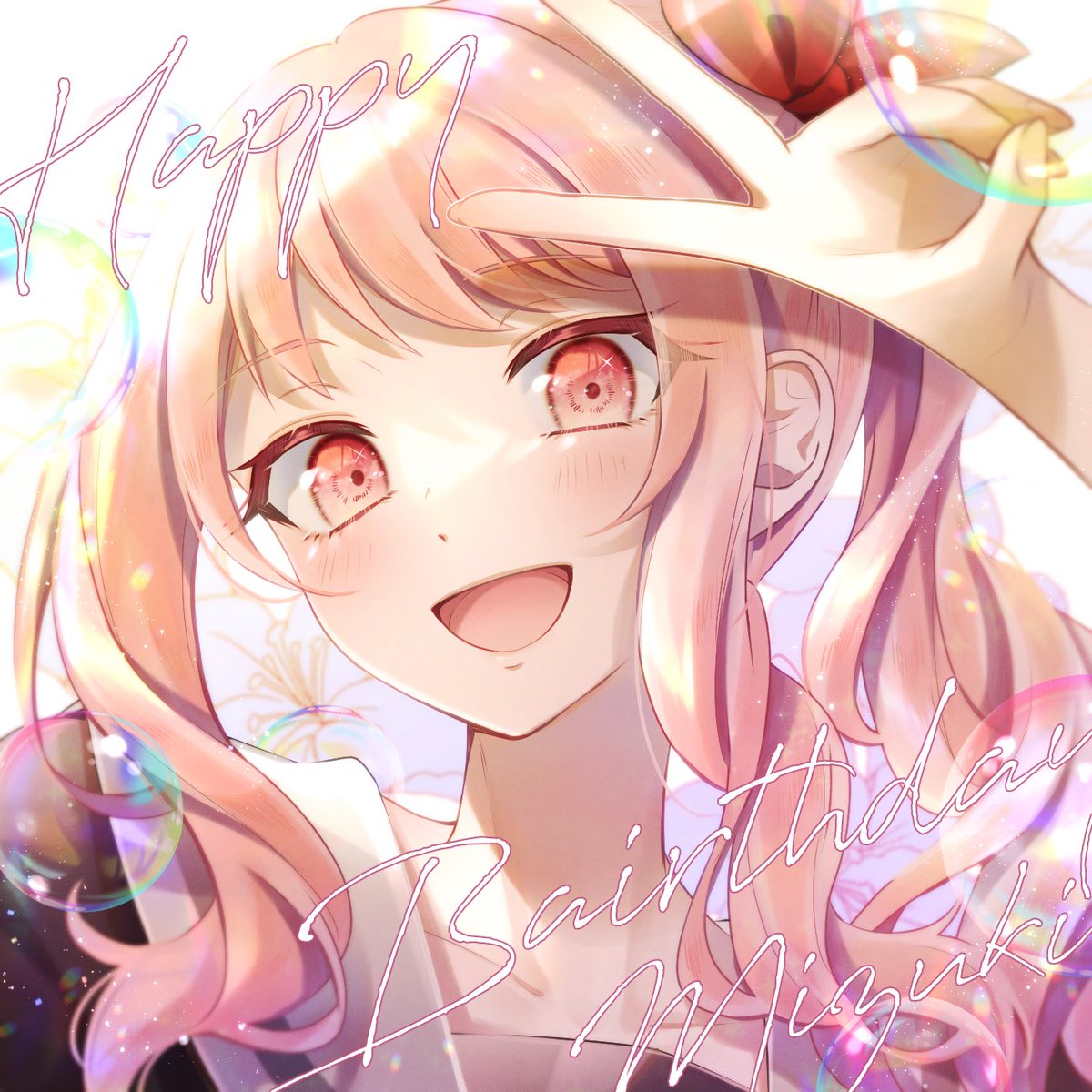 1other pink hair smile solo pink eyes open mouth bow  illustration images