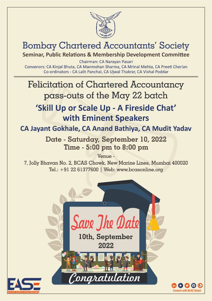 bcasglobal's tweet photo. #BCAS proudly presents
FELICITATION OF FRESH CHARTERED ACCOUNTANCY PASS-OUTS OF THE MAY 2022 EXAMINATIONS
SKILL UP OR SCALE UP - A FIRESIDE CHAT
Participant Registration Link: https://t.co/xqKsAbuVg1
#CA #charteredaccountant #castudents #castudent #castudentlife #Skills #scaleup https://t.co/aXK7QglZep