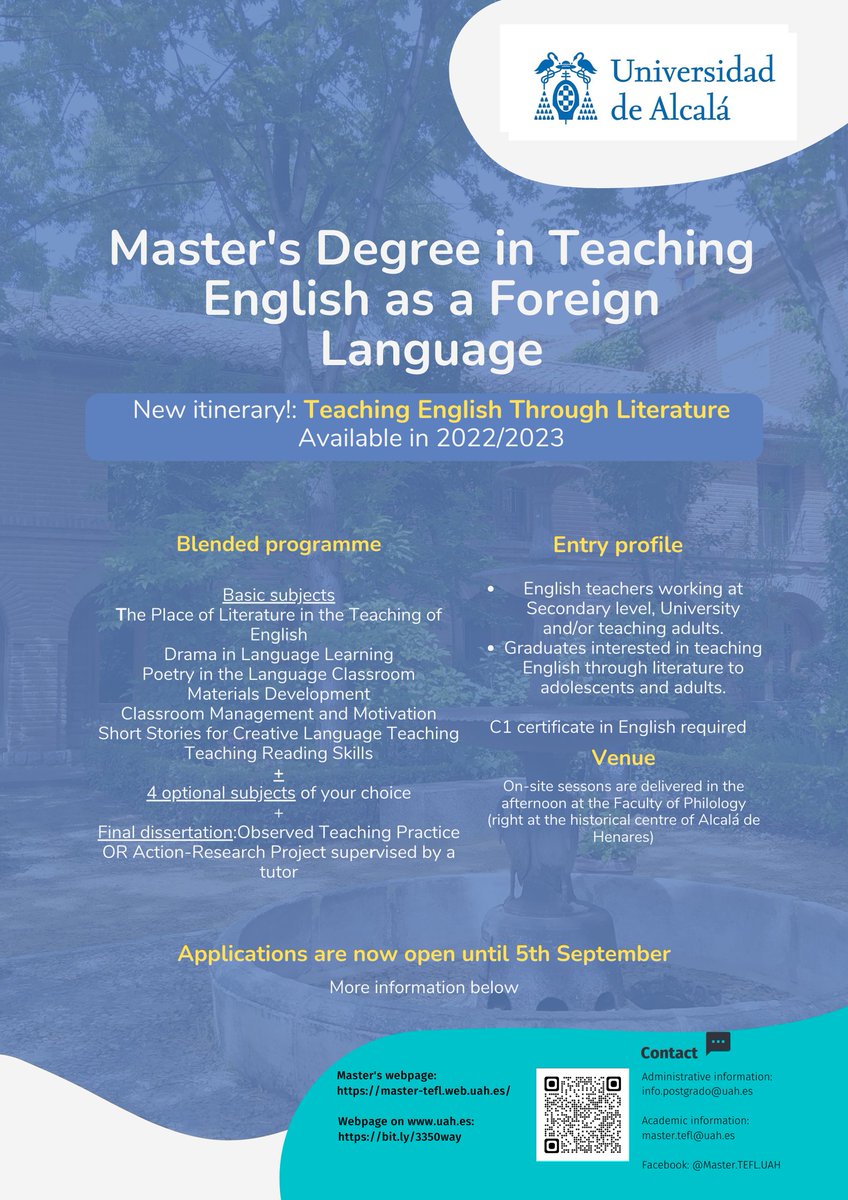 Raquelffdez's tweet photo. Are you an #EFL teacher willing to explore the potential of literature in your classroom? The 'literature' track of our #MasterTEFL shows you how.
Applications are accepted until 5th September. #LastPlaces
#Teaching
#EFLclassroom
#Literatureintheclassroom https://t.co/4ehKlMQCVL