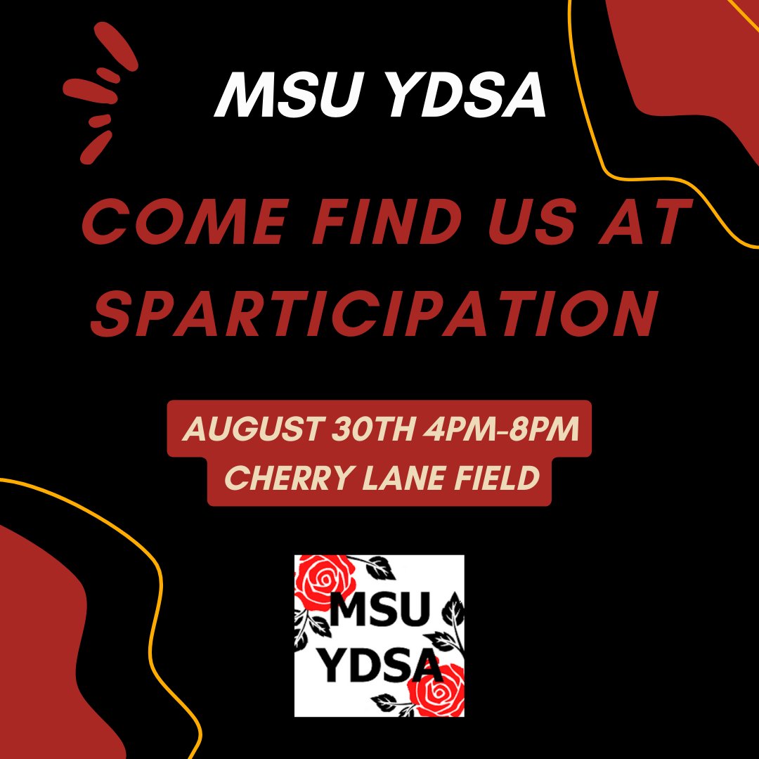 MSU_YDSA's tweet photo. Come find us at Sparticipation! This Tuesday, August 30th from 4pm-8pm at Cherry Lane Field. https://t.co/8y2TTlJI6J