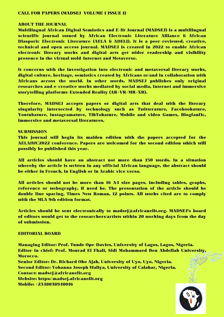 #AELAIWC2022, #MADSEJ this is call for papers for AEL A 's journal, #Africa #DH, #digitalart #ElonMusk #elo22