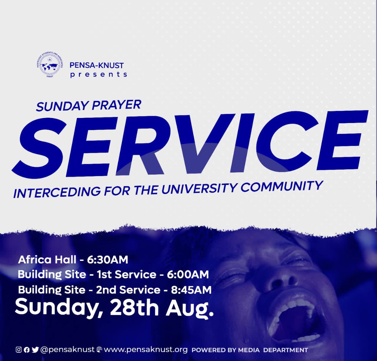 PENSAKNUST1's tweet photo. Tomorrow’s service is dubbed “Sunday Prayer Service.”✅

The church will intercede for the university community. 

#TrueDisciplesofChrist | @scc_knust https://t.co/N1geFRLJVz