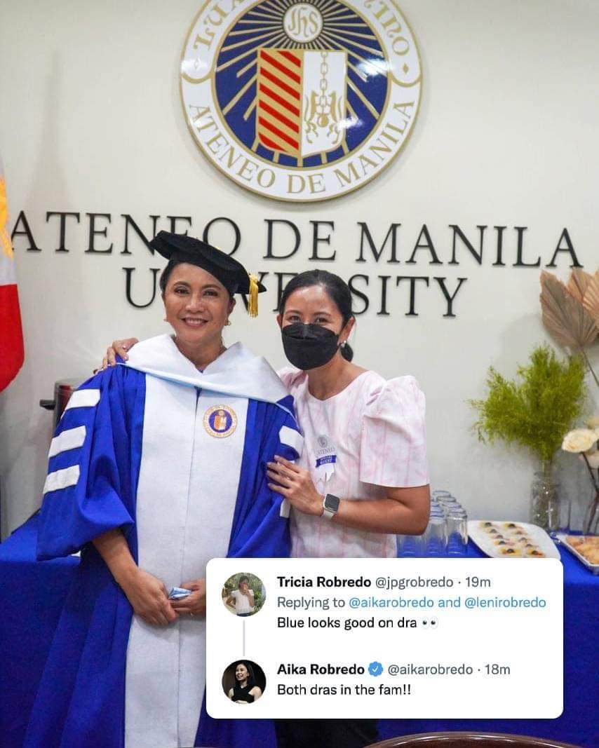 srsasot_'s tweet photo. Miss Aika Robredo, FYI sis, an "Honorary Degree," which your mother has, is NOT equivalent to a PhD. So di sya Dr Leni Robredo, PhD. 😅 https://t.co/p1Q4Bvlm99