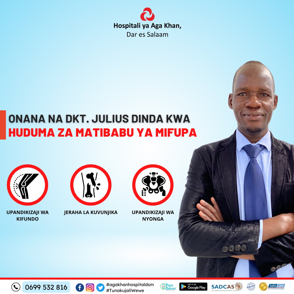 akhstanzania's tweet photo. Consult Dr.Julius Dinda for orthopedic services at The Aga Khan Hospital, Dar es Salaam if you require advise or treatment. For appointments call 0699 532 816.
#agakhanhospitaldsm #orthopaedic #hipsurgery #hipreplacement #kneepain #musclesandjointpain #healthcare #nocrutches https://t.co/crnqEXL6WX
