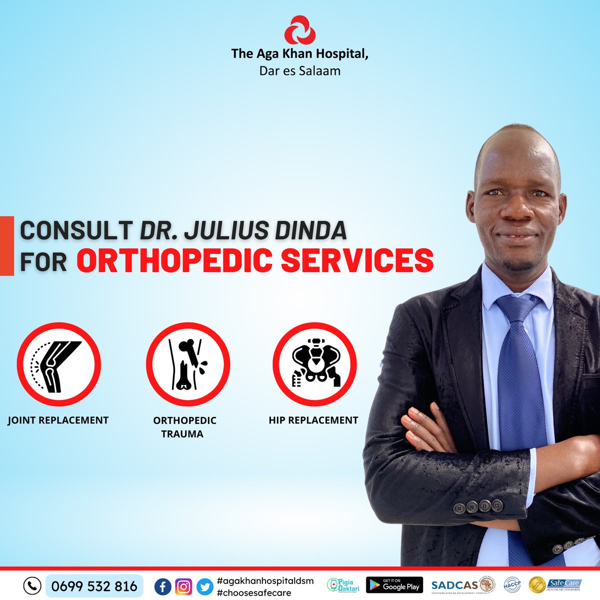 akhstanzania's tweet photo. Consult Dr.Julius Dinda for orthopedic services at The Aga Khan Hospital, Dar es Salaam if you require advise or treatment. For appointments call 0699 532 816.
#agakhanhospitaldsm #orthopaedic #hipsurgery #hipreplacement #kneepain #musclesandjointpain #healthcare #nocrutches https://t.co/crnqEXL6WX