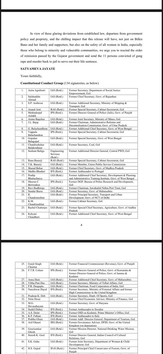 LiveLawIndia's tweet photo. 134 former Civil Servants write to the CJI against the release of convicts in #BilkisBano case saying it will have a “chilling impact not just on Bilkis &amp; her family but also on the safety of all women in India, especially those who belong to minority &amp; vulnerable communities” https://t.co/Nw0zQi5m5v