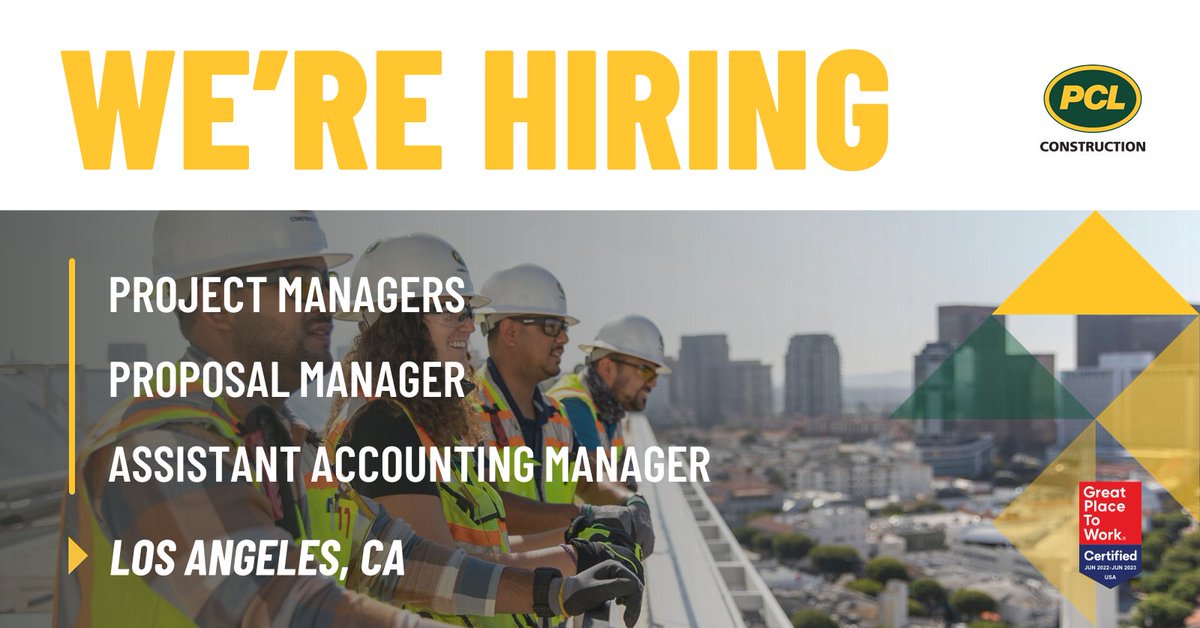 PCLConstruction's tweet photo. Do you want to contribute to building the City of Dreams in Los Angeles? ⭐
Check out our current openings in our California office.👇
https://t.co/wTbesifx9G
#WhyPCL #WeAreHiring #PCLConstruction https://t.co/9HwbIWUDyC