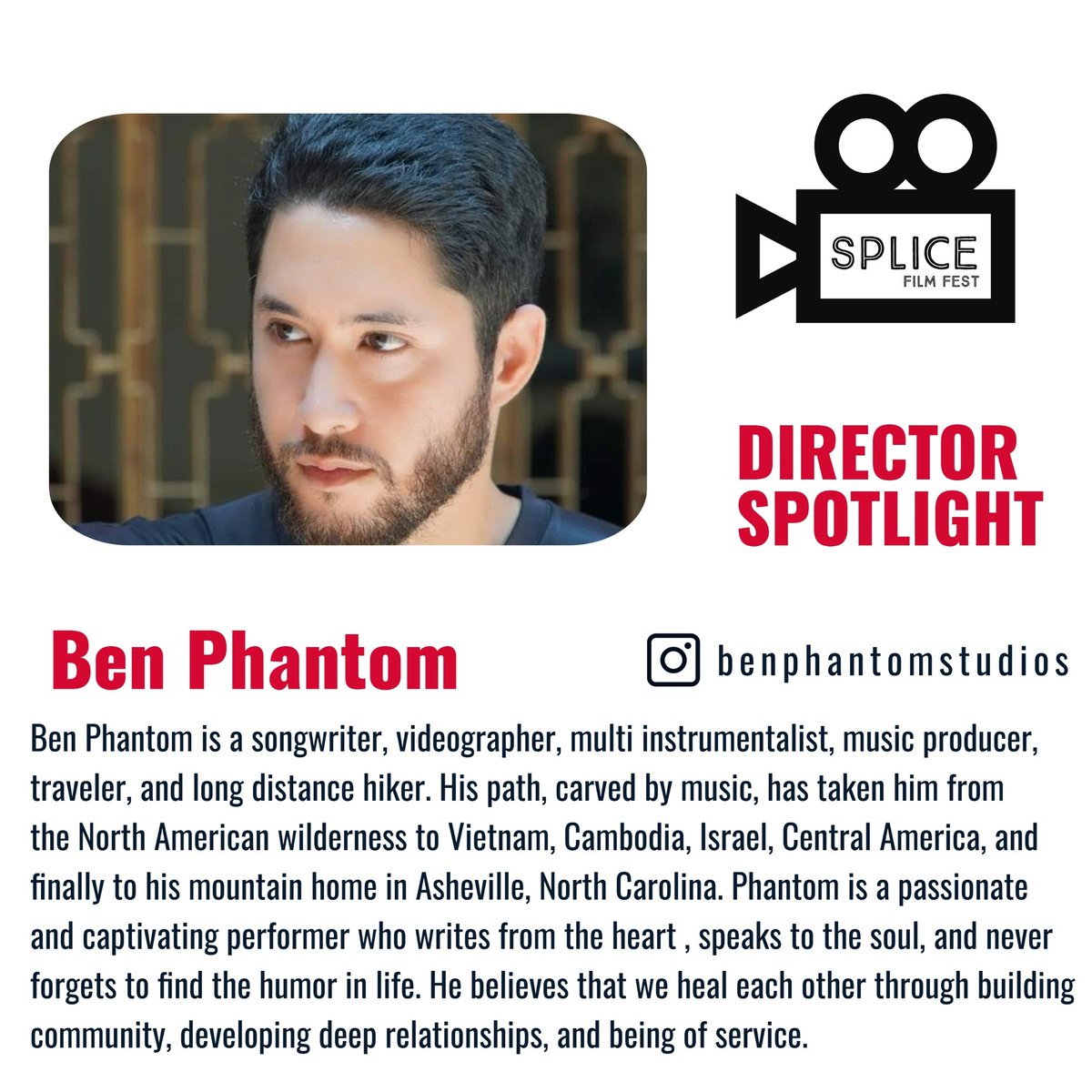 SpliceFilmFest's tweet photo. Ben Phantom - DIRECTOR SPOTLIGHT

Ben​ ​Phantom ​is​ ​a​ ​​songwriter, videographer, multi instrumentalist, music producer, traveler, and long distance hiker. His path, carved by music, has taken him from the North American wilderness to all over the world. https://t.co/791PKzEqIM