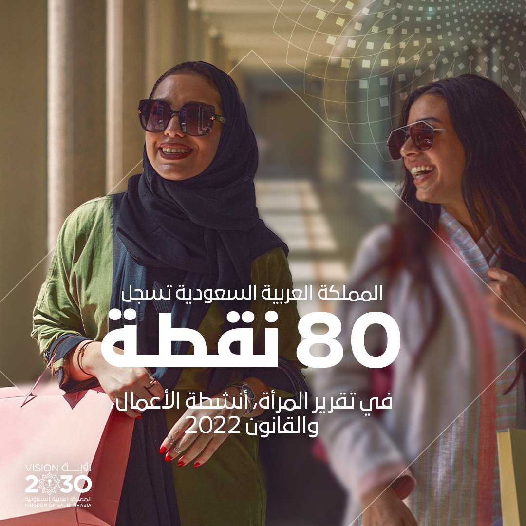 SaudiVision2030's tweet photo. وفقًا لتقرير البنك الدولي "المرأة، أنشطة الأعمال، والقانون 2022" حصلت المملكة في مجموع مؤشرات التقرير على 80 نقطة، بزيادة 10 نقاط عن العام 2020، حيث أصبحت المرأة في ظل #رؤية_السعودية_2030 ممكنة أسريًّا ومجتمعيًّا ومهني��ّا. https://t.co/Rig0COguz6