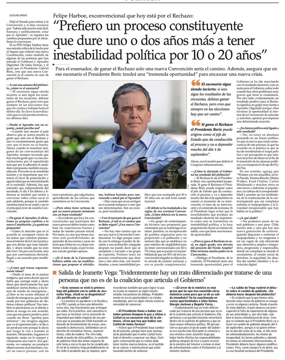 Excelente entrevista a <a href="/felipeharboe/">Felipe Harboe B</a>. "Prefiero un proceso constituyente que duro uno o dos años más a tener inestabilidad política por 10 o 20 años." #UnaQueNosUna