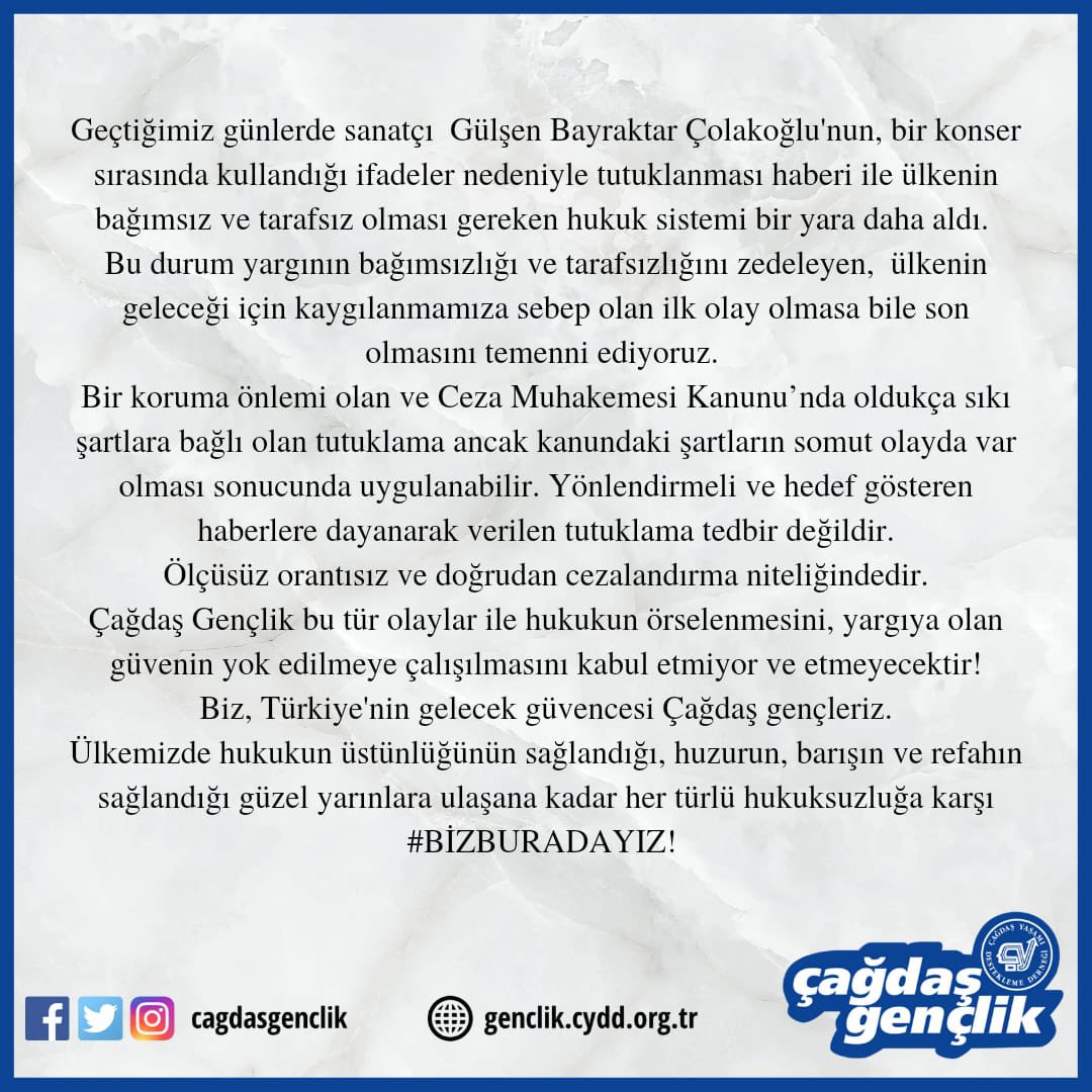 cagdasgenclik's tweet photo. Ülkemizde hukukun üstünlüğünün sağlandığı, huzurun, barışın ve refahın sağlandığı güzel yarınlara ulaşana kadar her türlü hukuksuzluğa karşı #BİZBURADAYIZ https://t.co/bRpdPHOsao