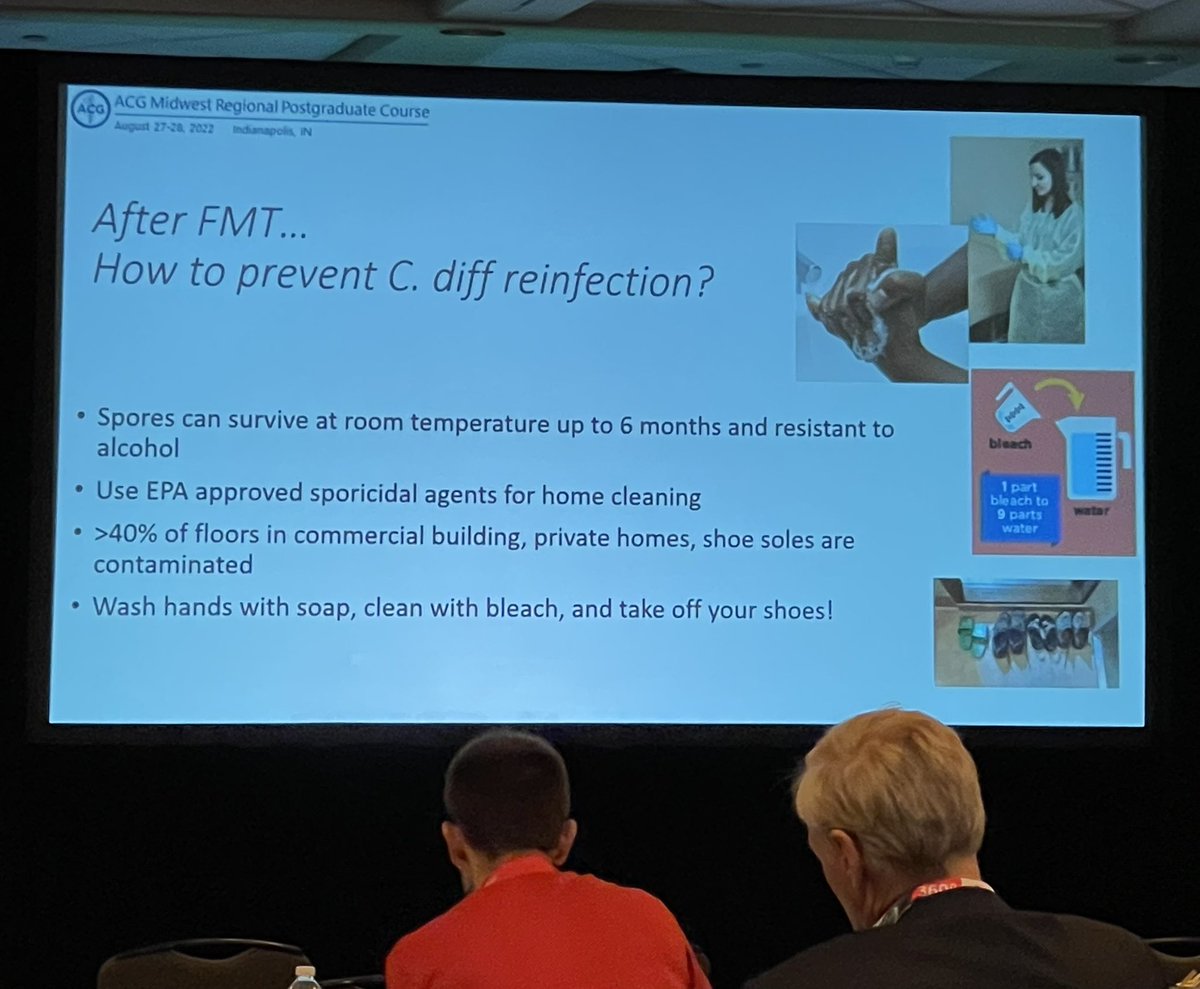 NeenaSAbrahamMD's tweet photo. 👉🏽 Taking 👞 👟 👠 off at home decreases reinfection after #FMT for #CDI
👉🏽 40% of shoes worn in public places are contaminated with spores
#DrMonikaFischer
@AmCollegeGastro
#RegionalCourse
#GetYourLearningOn https://t.co/TM8eIdh4kY
