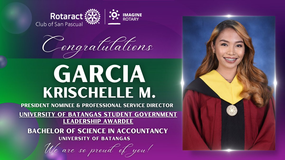rac_sanpascual's tweet photo. Hats off to these college graduates from the University of Batangas! Your RACSP family is truly proud of all of you! 💜💚🎓

#ImaginativeYear
#PilipinasRotaractMDIO
#ImagineRotary
#RID3820
#RotaractClubofSanPascual https://t.co/xH9oRIXmnS