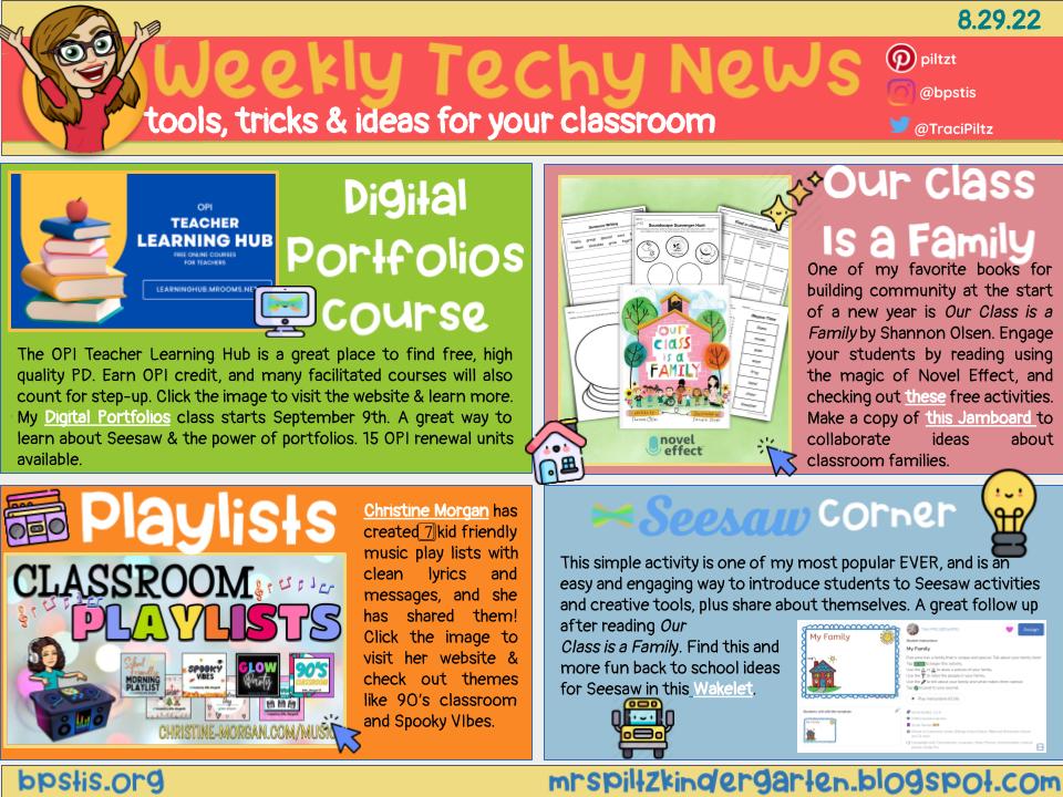 TraciPiltz's tweet photo. Weekly Tech-y News📰
💻Free courses on the @MontanaOPI Teacher Hub
🎶Classroom Playlists from @Ms_Morgan15 
✨Magical read alouds &amp; activities @Novel_Effect 
🍎Back to school fun with @Seesaw 
➡️https://t.co/NkytOxA7Kv⬅️
#BPSLearns https://t.co/NcnfW2OibP