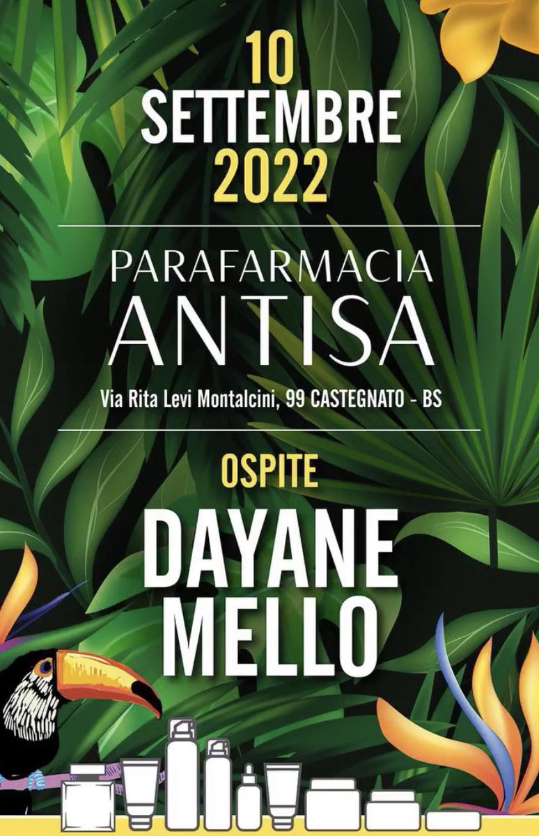 10 settembre 2022 

Parafarmacia Antisa con Ospite la nostra amatissima Dayane
<a href="/Dayanemello/">Dayane Mello 🐬🍷</a> 

Ci sarai? 🤩 

#dayanemello #dayane #mellos