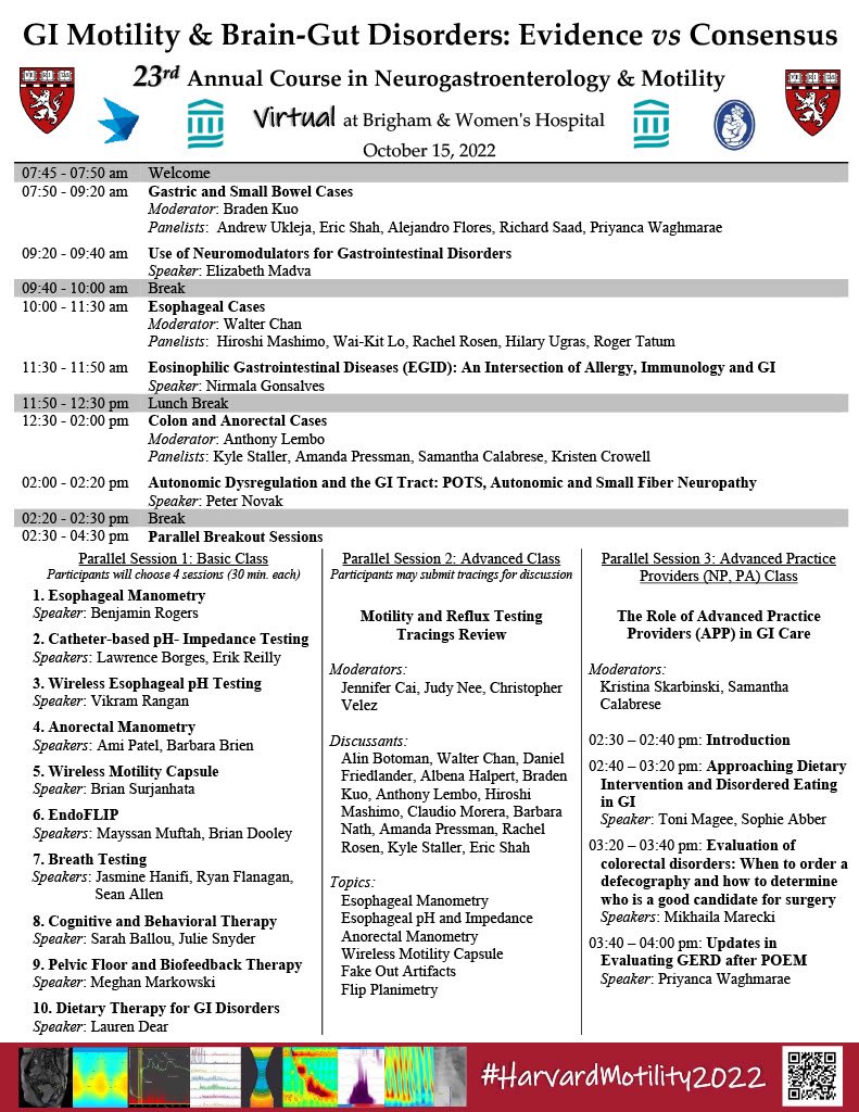 WalterChanMD's tweet photo. Join us at the 23rd Annual Harvard Course in Neurogastroenterology &amp; Motility

Live stream on October 15, 2022 (Sat)

Earn up to 7.25 AMA PRA category 1 credits, ABIM MOC points, or Nursing Contact Hours!

#HarvardMotility2022

Info/Register: https://t.co/tXMQrDlzM5 or QR code👇 https://t.co/pbWs1wNYQb