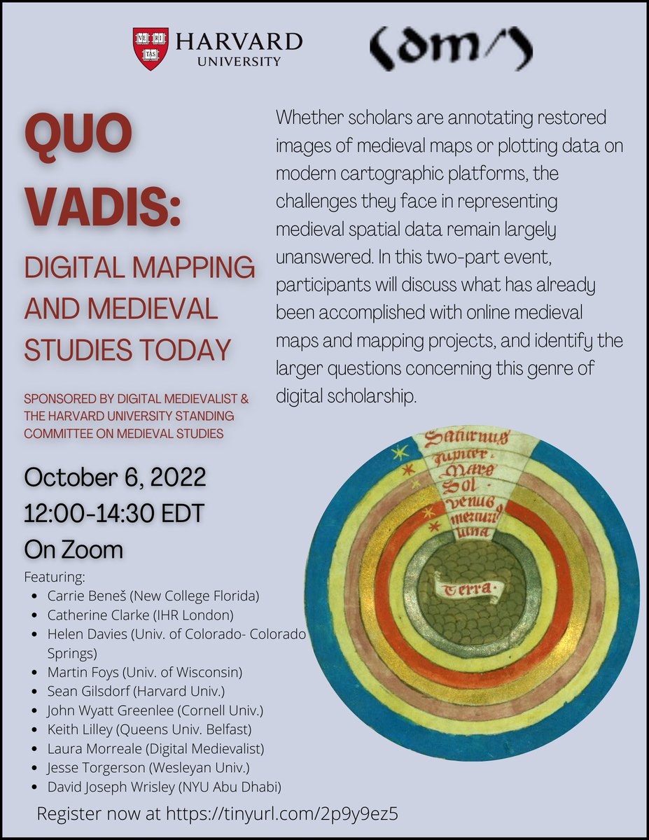 Register now for 'Quo Vadis: Digital Mapping & Medieval Studies Today' w/ @HelsinHashtags, Martin Foys (@digitalmappa), @cebenes2, @CathAMClarke, @DJWrisley, @jtorgersen, @profkdlilley, @greenleejw & @LauraMorreale! 10/6, 1200-1430 EDT, Zoom. tinyurl.com/35amfx5b