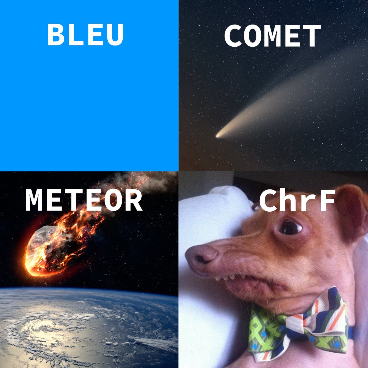 zouharvi's tweet photo. The four horsemen of automatic machine translation metrics. https://t.co/ZvwzsVxAPW