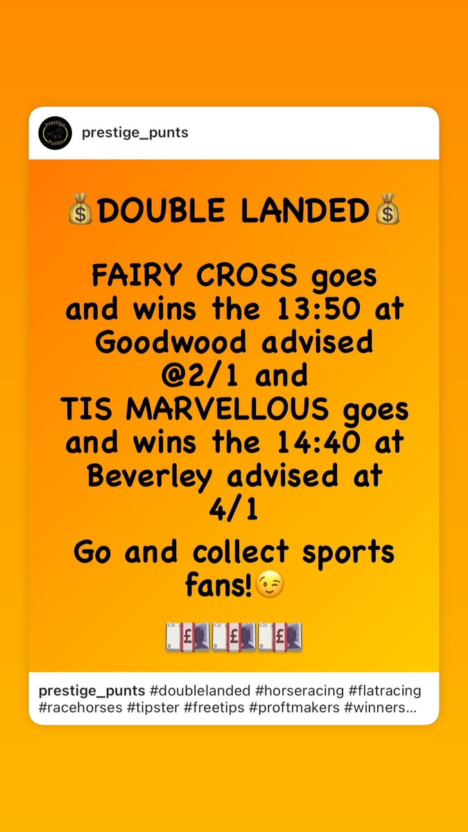 Prestige_Punts's tweet photo. #doublelanded #horseracing #flatracing #racehorses #tipster #freetips #proftmakers #winners #nosubscription #getinvovled #prestige_punts #likeshareandfollow https://t.co/54Yn7LvnTa