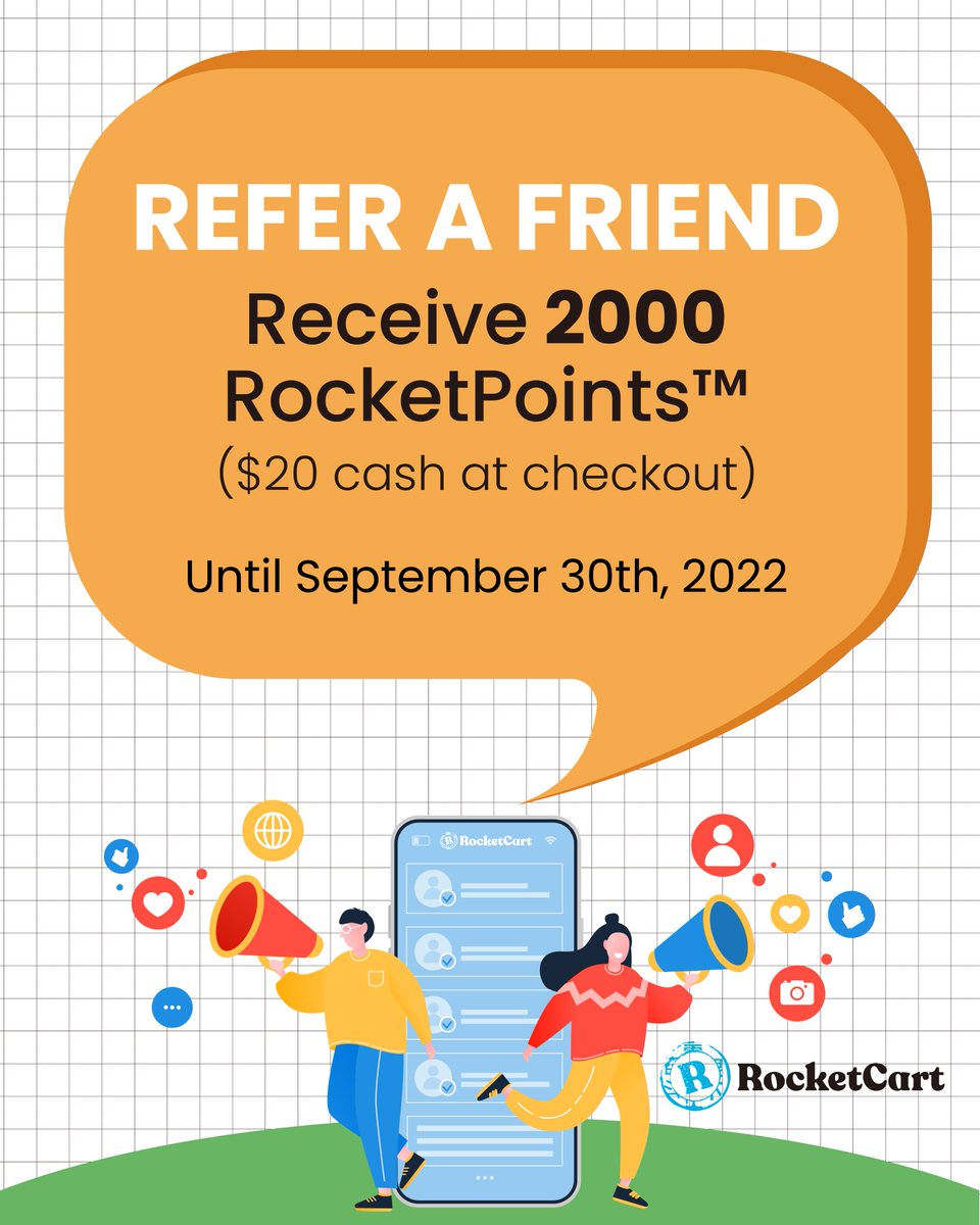 MyRocketCart's tweet photo. We've extended our Referral Special until September 30th for you to earn extra points for each friend you refer to #RocketCart.
Refer a friend and receive 2000 points ($20 store credit) when they purchase.
What are you waiting for? Start referring now >> https://t.co/2UPU7etOiA https://t.co/8eOfcBMNsq