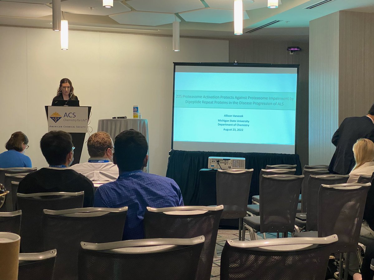 Tepe_Lab's tweet photo. Allison gave an oral presentation on “20S proteasome activation protects against proteasome impairment by dipeptide repeat proteins implicated in the disease progression of ALS” during the last ACS Conference in Chicago. #ACSFall2022 #ACSChicago @MSUChem https://t.co/J4YhunBSgN