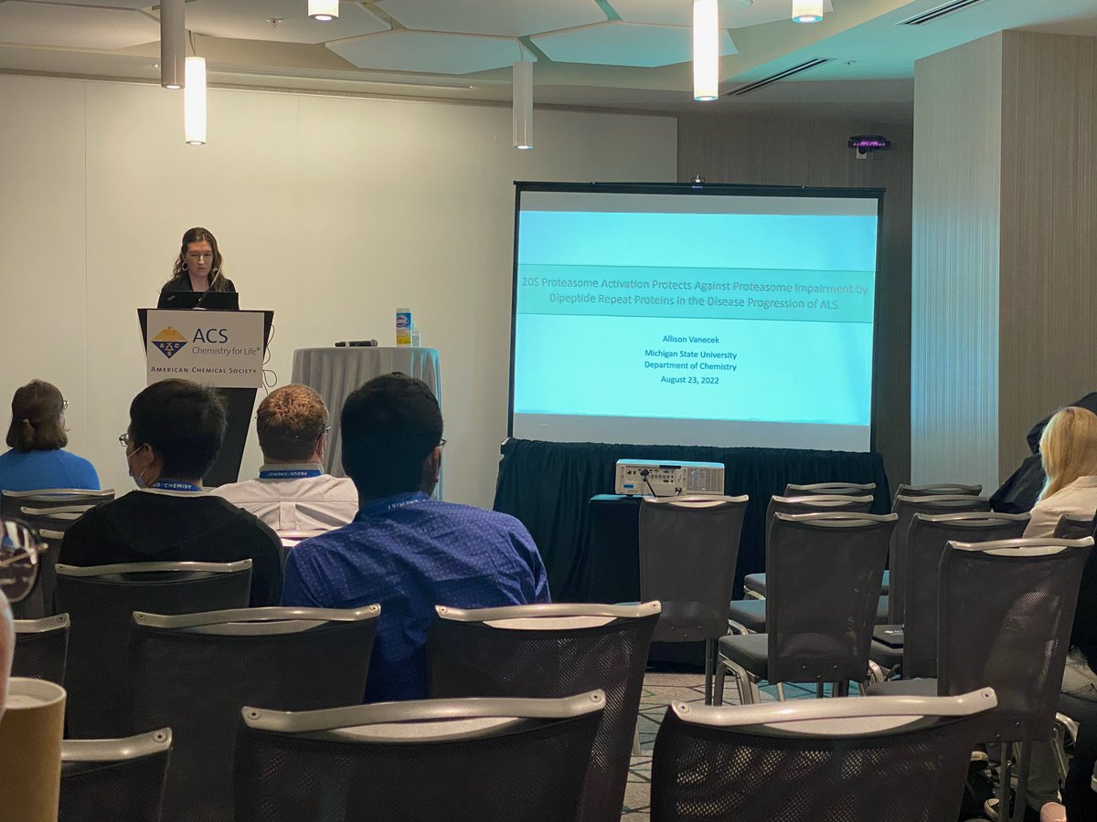 Tepe_Lab's tweet photo. Allison gave an oral presentation on “20S proteasome activation protects against proteasome impairment by dipeptide repeat proteins implicated in the disease progression of ALS” during the last ACS Conference in Chicago. #ACSFall2022 #ACSChicago @MSUChem https://t.co/J4YhunBSgN