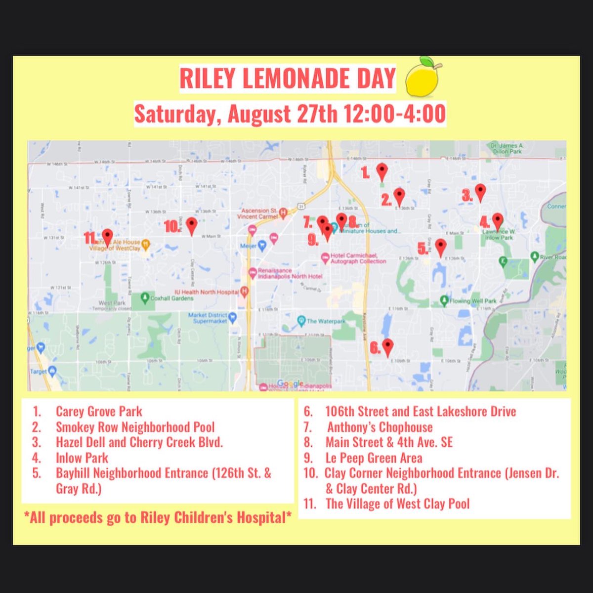 Celebrate a late lemonade day by grabbing a cup from any of these stands to support Riley!!
